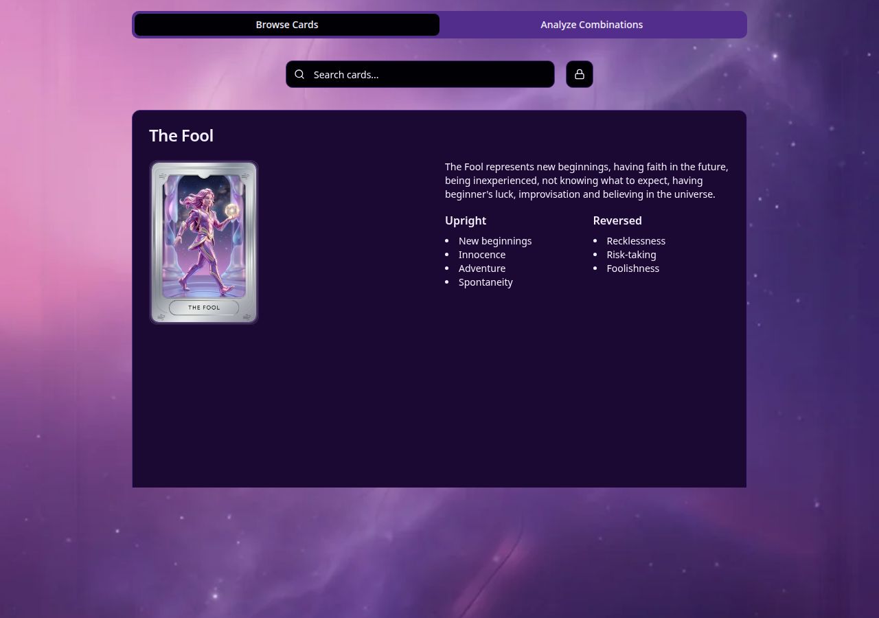 Tarot Journey card library showing The Fool with its artwork, upright meanings and reversed meanings